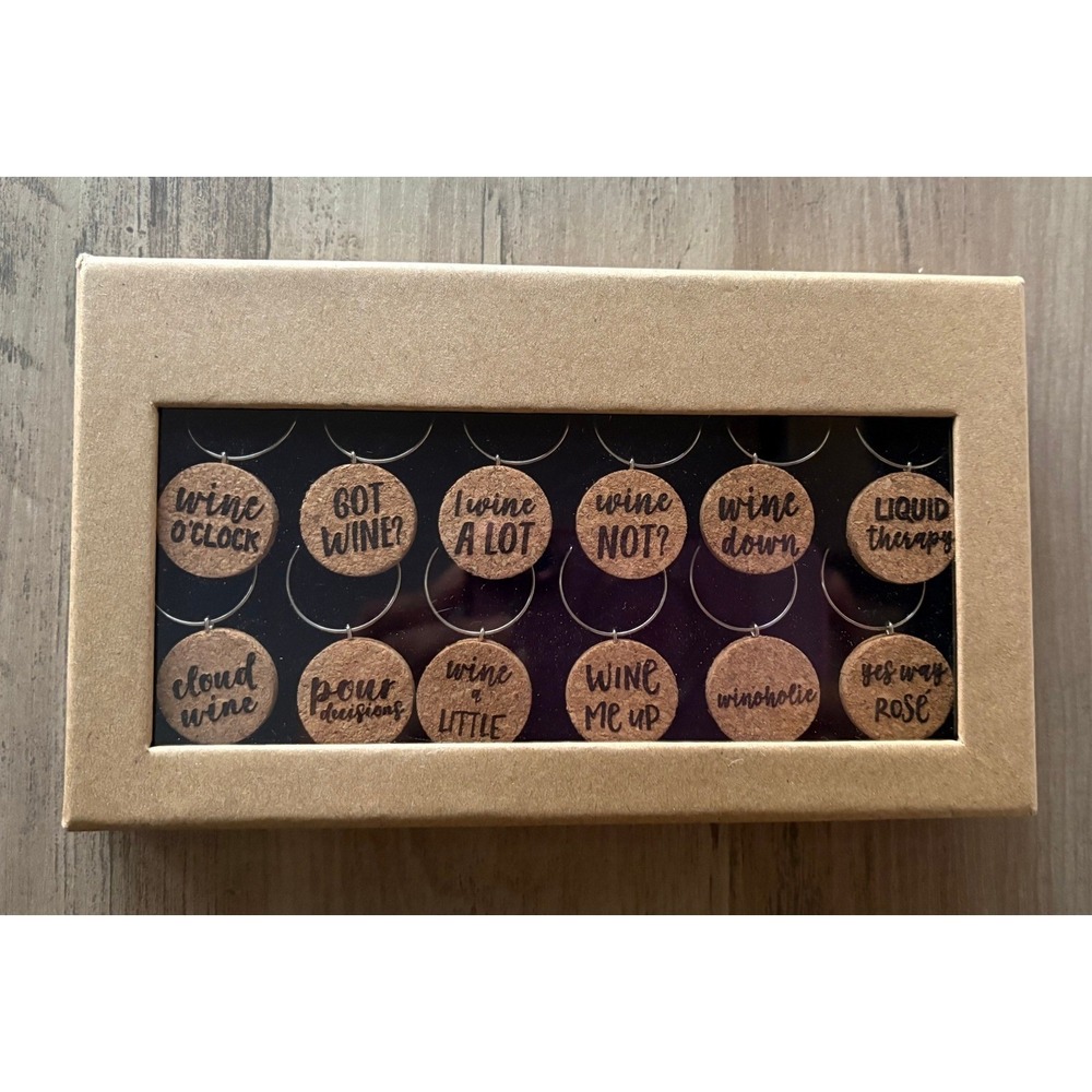 NEW 12pc Cork Wine Glass Charms Set Punny Drink Markers Hostess Gift